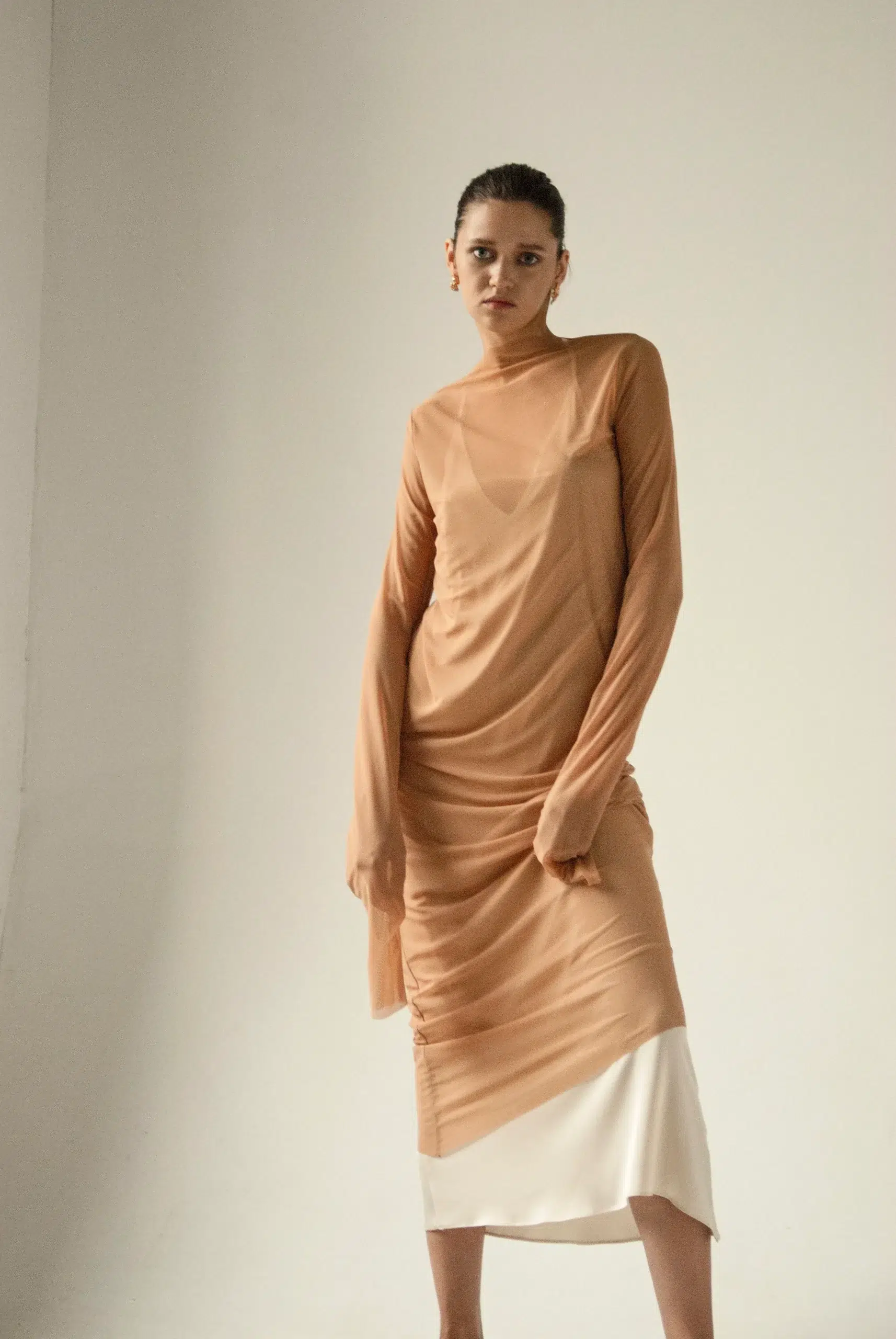 AP008 - Endless Sleeves Nude Tulle Dress