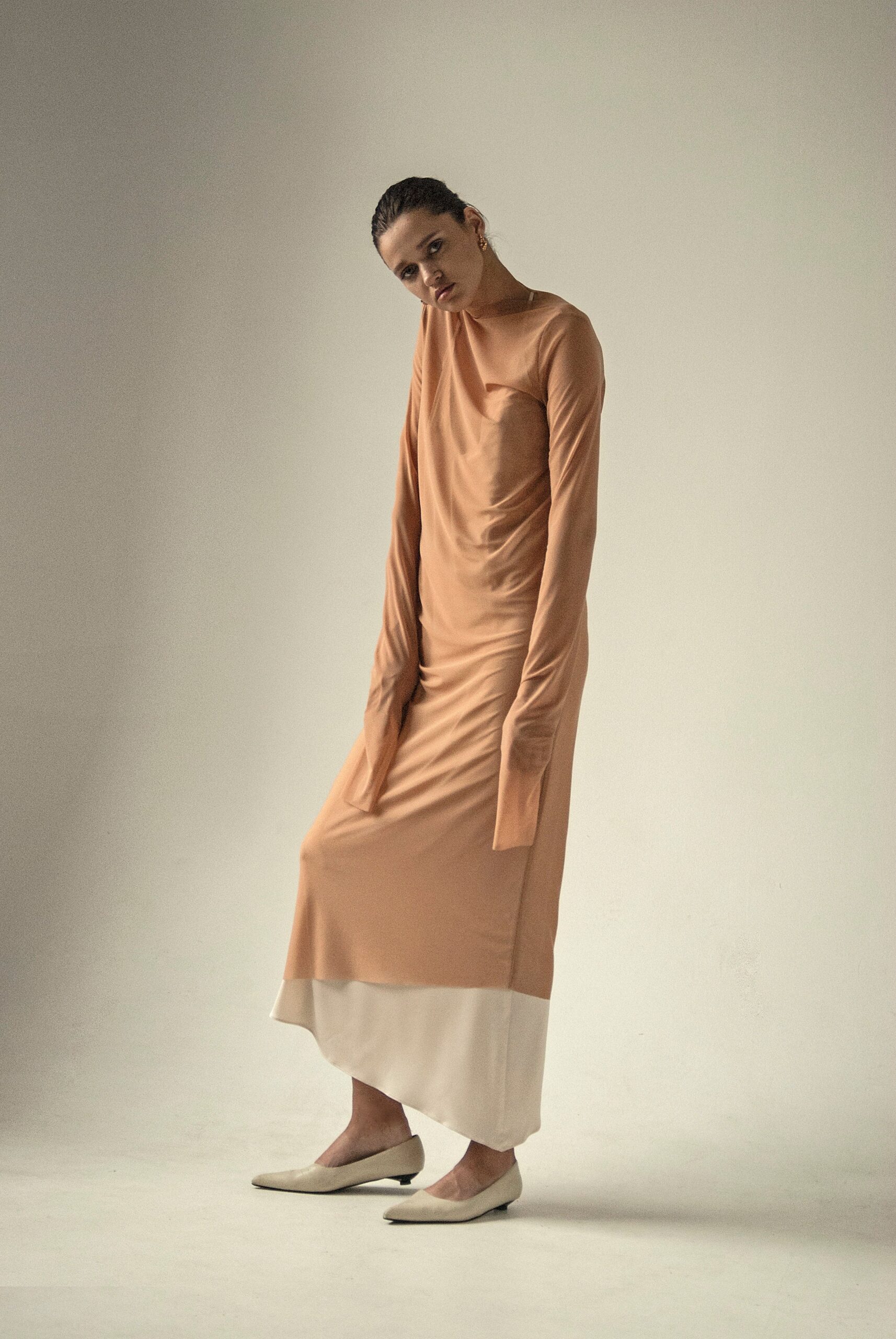 AP008 - Endless Sleeves Nude Tulle Dress