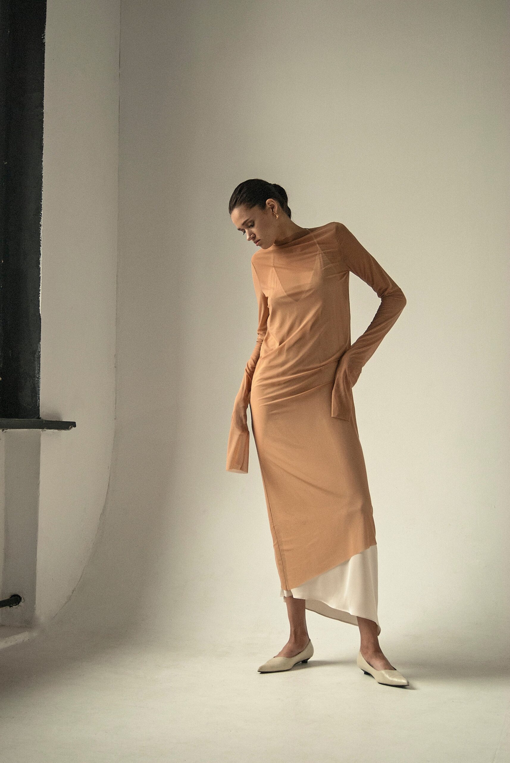 AP008 - Endless Sleeves Nude Tulle Dress